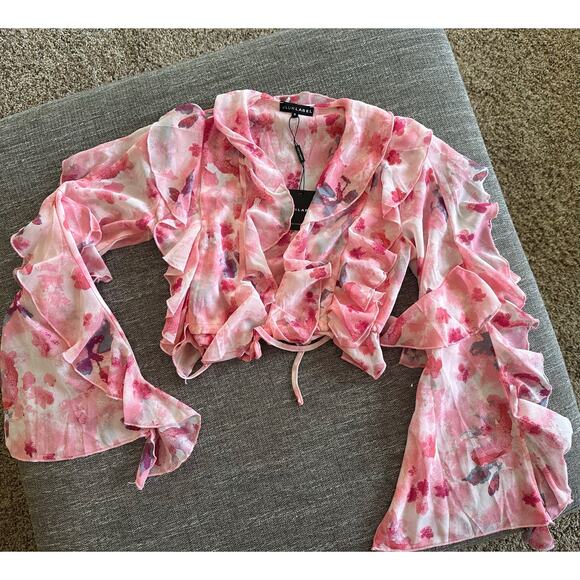 Pink festival rave JLuxLabel S top wrap open flutter ruffle party concert yvanna - Picture 4 of 8